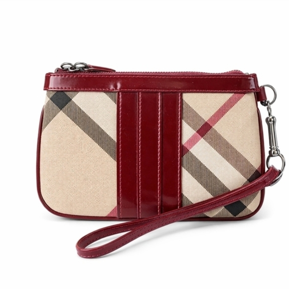 Burberry Nova Check Wristlet Clutch Beige Plaid Canvas Red Leather Zip Pouch. - Picture 2 of 12